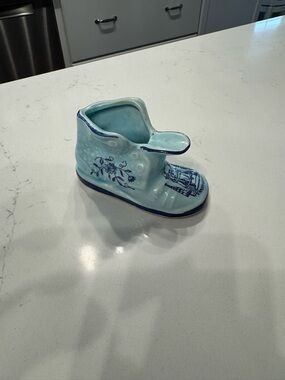 Source Unknown Light Blue Ceramic Baby Boot with Blue Floral Motif